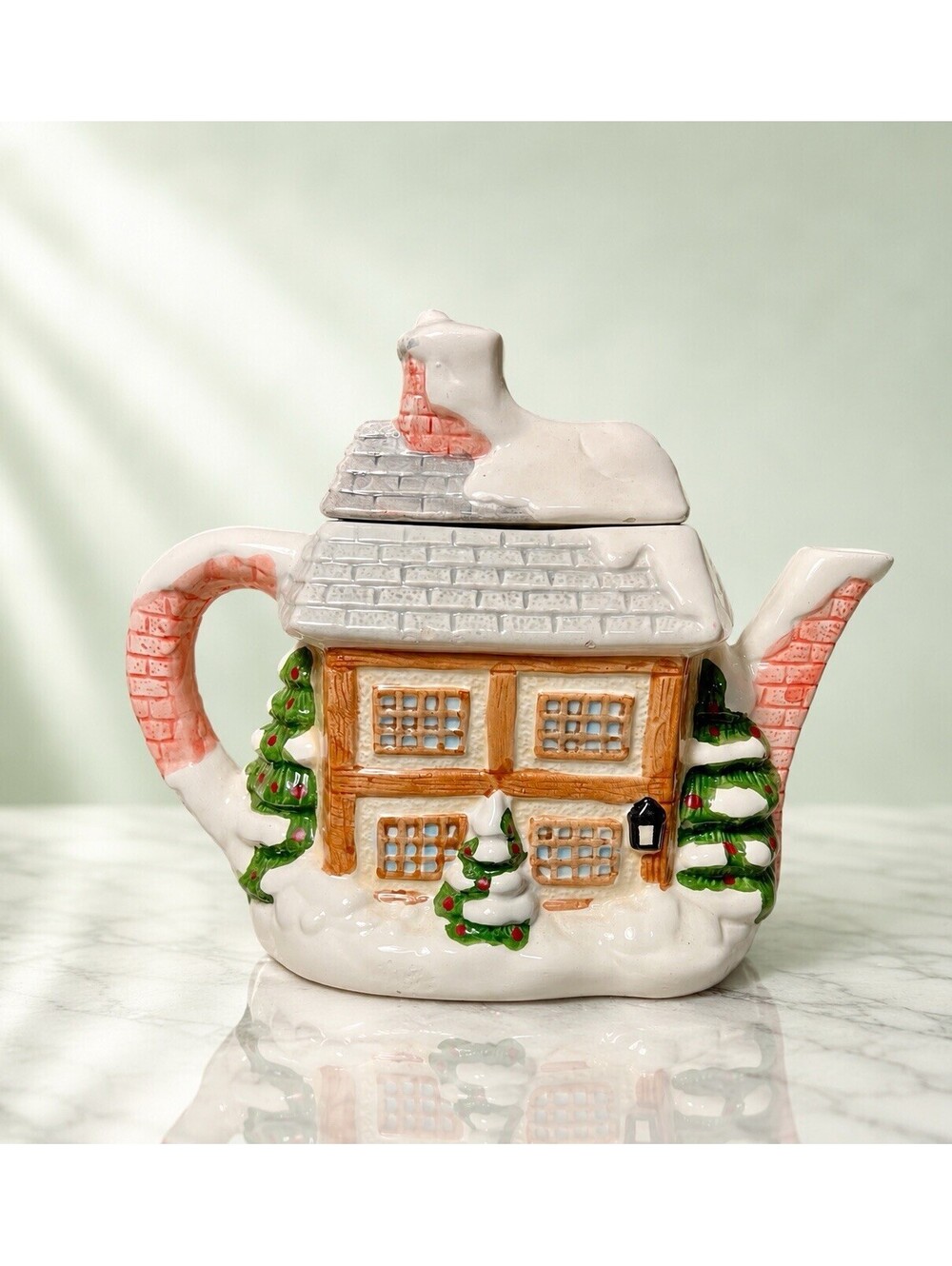 Albert E. Price 1990s Christmas Winter Cottage Figural Ceramic Teapot, 6x6.5”